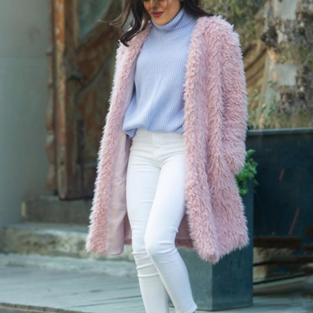 Pink oversized Open Front Fuzzy teddy Coat jacket - Picture 3 of 12
